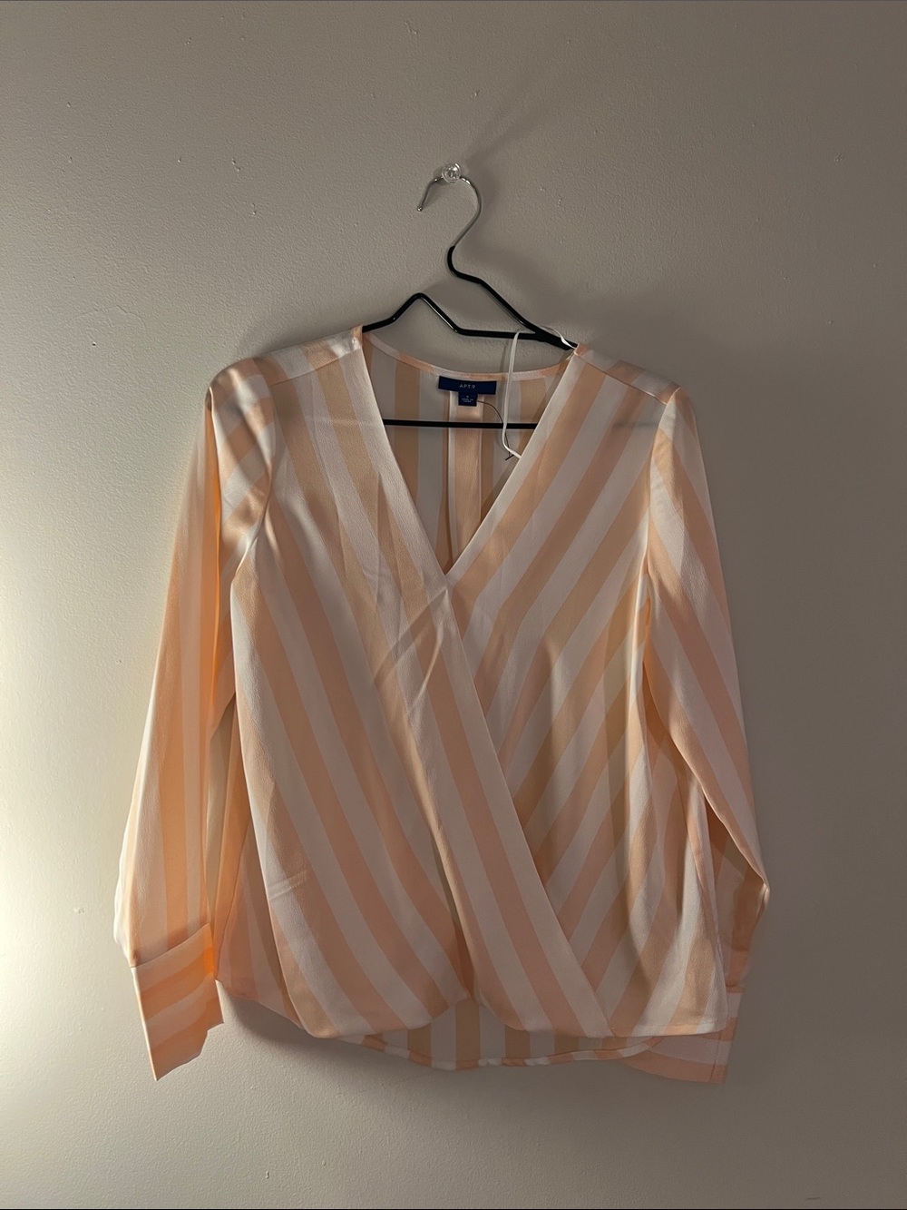 Peach and White Striped Wrap-Style V-Neck Blouse NWOT